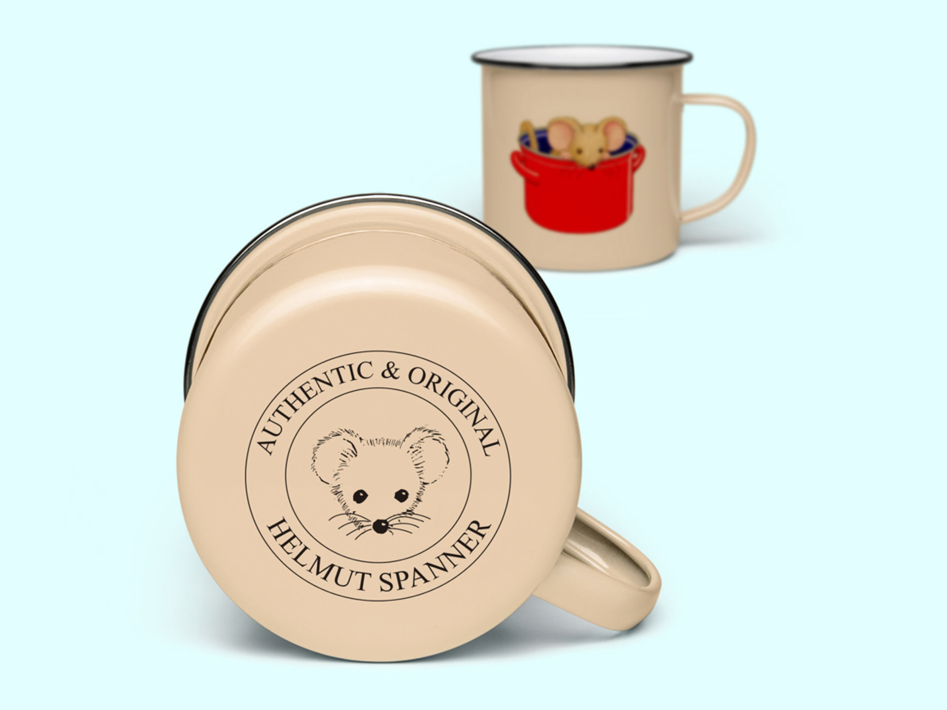 logo for helmut spanner on enamel childrens mug